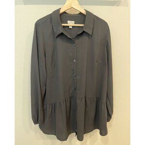 Lori Goldstein LOGO Button Up Peplum Hem Black Blouse Large Long Sleeve Tunic